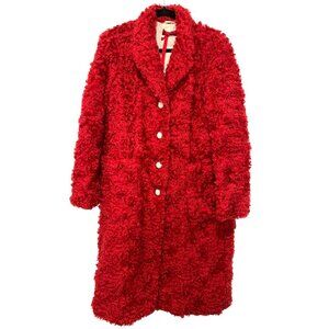 New $895 The Gigi Red Faux Fur Teddy Coat Leather Button Size 44 US 10